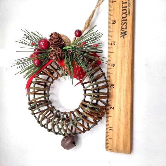 Vintage Large Rustic Woven Wreath Christmas Ornament Pine Cones & Bells 6" - Picture 6 of 6
